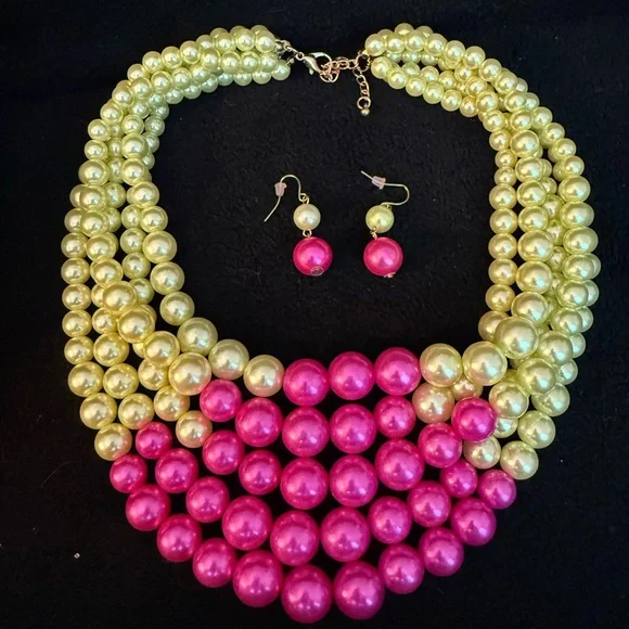 Yellow and Hot Pink Multi-Strand Pearl Statement Necklace with Matching Earrings - Picture 1 of 1